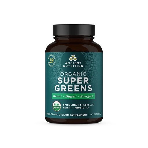 [BRSW2AY7A4FRA3IY] Ancient Nutrition Super Greens with Probiotics, Organic Superfood Tablets Made from Spirulina, Chlorella, Moringa, and a Resilient Probiotic, 30 Servings, 90 Count