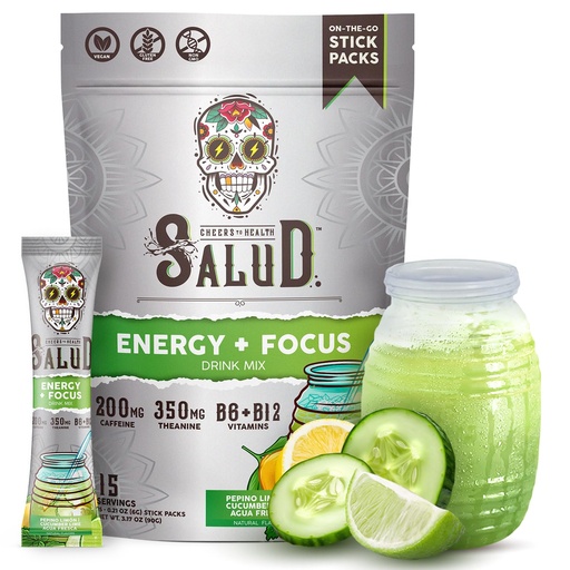 [BRSRO2QLCV6REDL4] Salud 2-in-1 Energy Drink Powder + Focus, Cucumber Lime, Organic Caffeine, B6 + B12, Theanine, Clean Energy Drink Packets, Agua Fresca Mix, Non-GMO, Gluten Free, Vegan, 1g of Sugar, (15 Servings)