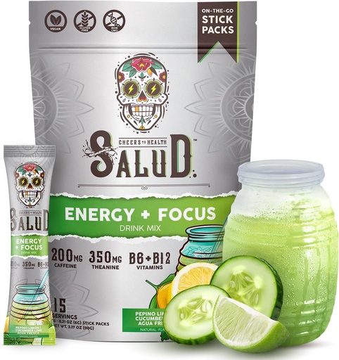 [BRSRO2QLCV6REDL4] Salud 2in-1 Energy Drink Toz + Focus, Cucumber Lime, Organic Caffeine, B6 + B12, Theanine, Clean Energy Drink Packets, Agua Fresca Mix, Non-GMO, Gluten Free, Vegan, 1g of Sugar, (15 hizmet)