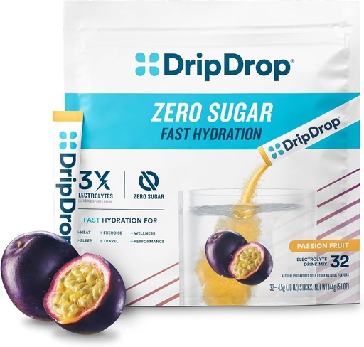 [BRSRMFAKOIPWMFL7] DripDrop Sugar Free Hydration Packets - Zero Passion Fruit - Single Serve Electrolytes Powder Drink Mix - Non-GMO, Gluten Free, Vegan - 32 Sticks