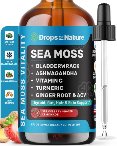 [BRSROBL7CMIQ2GTB] Ashwagandha & Turmeric Liquid Drops - Vitamin C, Sea Moss, Apple Cider Vinegar, Bladderwrack - Vegan Liquid Drops for Comprehensive Wellness Support & Vital Immunity (Strawberry Ginger Lemonade, 60mL)
