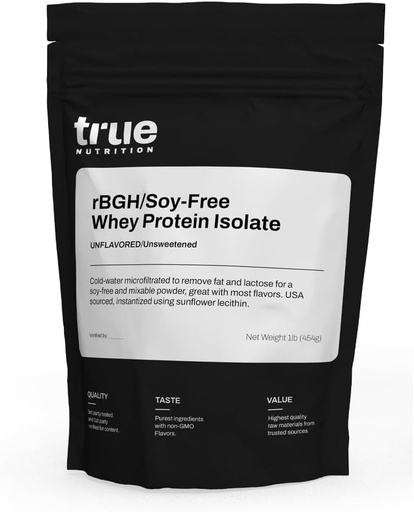 [BRSWGZ3QCQHGGFLP] True Nutrition - rBGH/Soy Free Whey Protein Isolate [Milk] - 100% Grass Fed Whey Protein Powder with Essential amino Acids - Ei lisättyjä hormoneja tai antibiootteja (Ei maustettu / makeuttamaton, 1 lb)