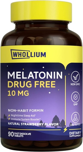 [BRSROBQTAR5A2HQ2] Melatonin 10 mg, Natural Strawberry Flavor, Easy-Melted, Nighttime Rest, Mind Calm, 90 Tabs