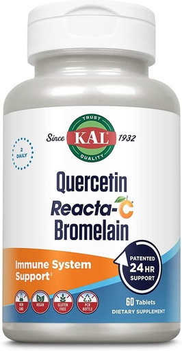 [BRSWIYL6AUDBAYLY] KAL Quercetin Reacta- C Bromelain Immunszuppresszív kiegészítés, 24 órás immunvédelem Bioflavonoidokkal, C-vitamin 1000mg és Quercetin 500mg, Vegan, Glutén mentes, 60- napos garancia, 30 Serv, 60 tabletta