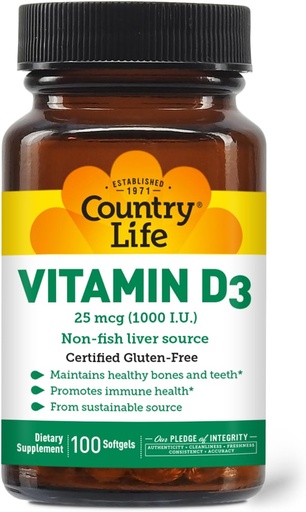 [BRSWIYTYOZ5AGFA7] Country Life Vitamin D3, Non-Fish 1000 IU, 100 Softgels, Certified Gluten Free