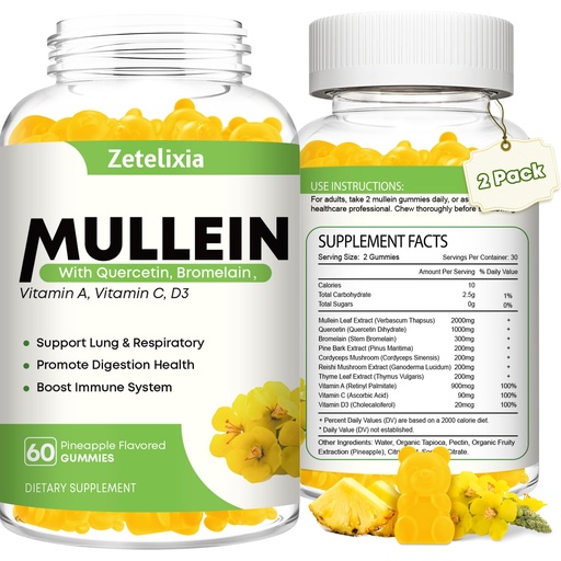 [BRSRAHT4BF5W2D32] Mullein Gummies for Clear Lungs, 10 in 1 Mullein Leaf Extract for Lungs, Mullein Quercetin Gummies for Lung Cleanse, Respiratory, Immune, Pineapple Flavor, 120 Count