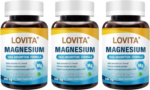 [BRSROCQBCMIR6E3H] Lovita Triple Magnézium Complex 500mg, High Absorbtion and Potency Formula, Glycinát, Dusičnan & Oxid, Podporný spánok, Relaxácia, Srdce, Nerves & Bone Health, 180 Vegan Kapsule (Stock of 3)
