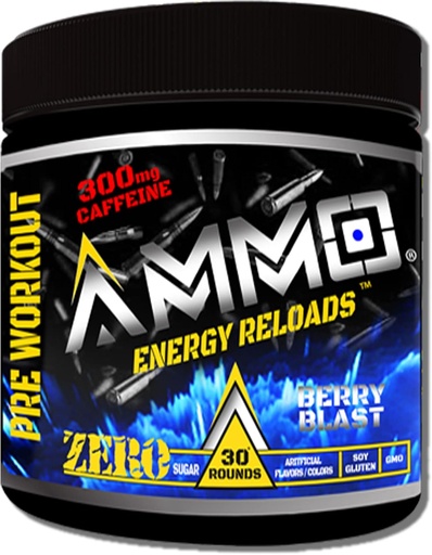[BRSROYIDBADRMYAV] AMMO ® Energy ReloadsTM Pre Workout Powder - 300mg Caféine Zéro sucre Aminos vitaux et électrolytes Pas d'arôme ou de couleurs artificiels (Berry Blast)