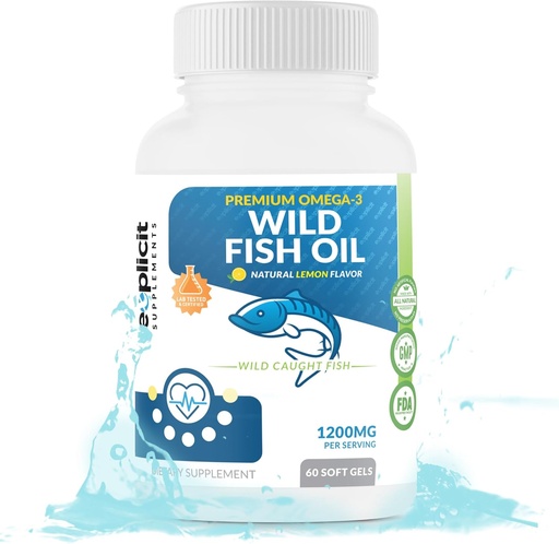 [BRSWGAIBDMHQMC3A] Wild Fish Oil Omega 3 - EPA/DHA - Burpless, Lemon Flavored Non-GMO, Gluten & Soy Free – 1200mg per Serving, 60 Servings, 60 Capsules