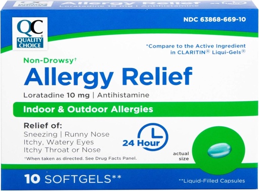 [BRSWYY33PINW2CI3] Quality Choice Allergy Relief, 24 Hour Non Drowsy Allergy Relief for Indoor & Outdoor Allergies, Antihistamine Loratadine 10 mg, Liquid Filled Softgels, 10 Count
