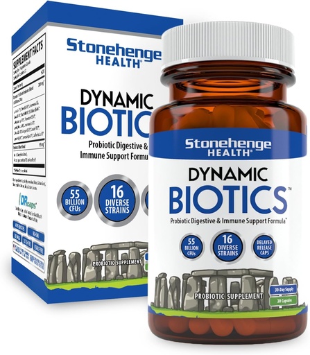 [BRSWGFAZOEFQKFA3] Stonehenge Health Probiotics 55 Billion CFU - 16 Strains, Prebiotic, Synbiotics Dynamic Biotics - Lactobacillus Acidophilus, Delayed Release, Shelf Stable, Non-GMO Gluten Free Veggie Capsule