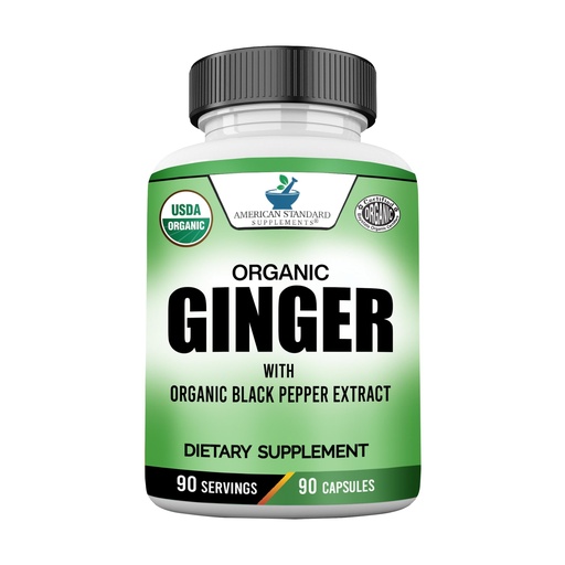 [BRSW2ZL4OV5WG2DF] American Standard Supplements Organic Ginger Extract with Organic Black Pepper Extract, Vegan, Gluten Free, Non-GMO, 90 Capsules, 90 Servings