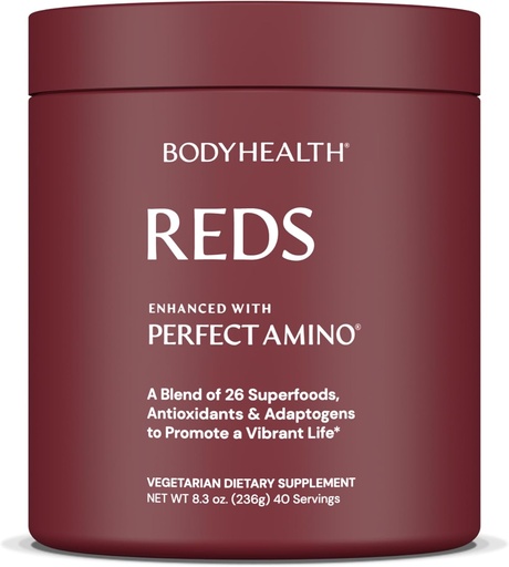 [BRSREGQCDFYAG3TH] BodyHealth Reds Enhanced з PerfectAmino - Щоденний суперпродукт гладкий порошок з антиокислювачами, Адаптогенами, фіто поживними речовинами, фруктами, пребіотиками, пробіотиками, волокно та протеїном - 40 сервірування