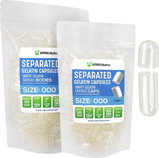 [BRSW2H36CEGQADLP] XPRS Nutra Separated Capsules Size 000-500 Clear Count Large Empty Gelatin Capsules Separated in Bags - Premium Clear Gel caps - Pills for DIY Supplement Filling