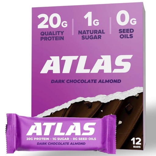 [BRSWGHA2AAAWOHLD] Atlas Bar – 20g Protein, 1g Sugar, 0g Seed Oils, 0g Artificial Sweeteners (Dark Chocolate Almond, 12 Count)