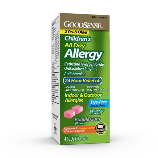 [BRSWGHY2CUHGO3QV] GoodSense Children's All Day Allergy Relief, Cetirizine Hydrochloride Oral Solution 1 mg/mL, Bubble Gum Flavor, Dye Free, Sugar Free, 4 Fluid Ounce
