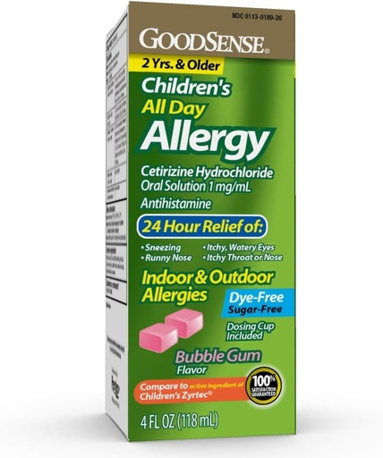 [BRSWGHY2CUHGO3QV] GoodSense Kinder Allergy Relief, Cetirizine Hydrochlorid Oral Lösung 1 mg/mL, Bubble Gum Flavor, Farbstofffrei, Zuckerfrei, 4 flüssige Unze