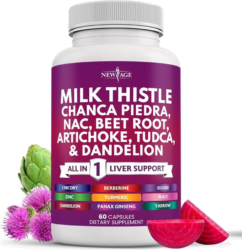 [BRSRAAYLB57WADTZ] NEW AGE Milk Thistle NAC Chanca Piedra Beet Root Artichoke Dandelion Root Astragalus - Plus TUDCA & Ginger - 60 Count