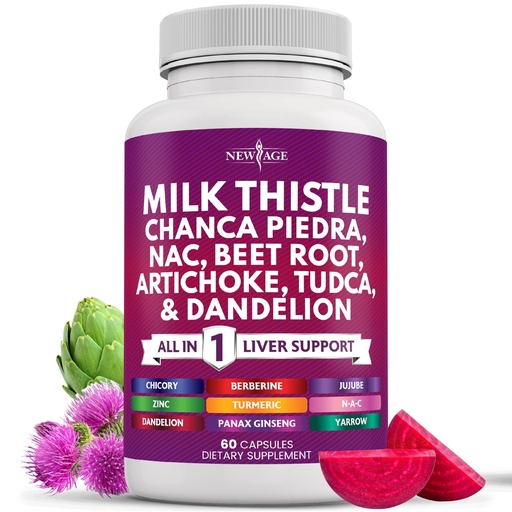 [BRSRAAYLB57WADTZ] NEW AGE Milk Thistle NAC Chanca Piedra Beet Root Artichoke Dandelion Root Astragalus - Plus TUDCA & Ginger - 60 Count