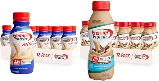 [BRSRAYANOIPGEGTV] Premier Protein Shake MINIs Vanilla 22g Protein 120 Calories Pack of 12 " Café Latte 30g Protein 160 Calories Nutrients for Immune Health Pack of 12