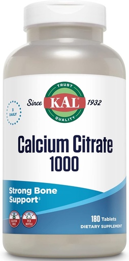 [BRSWIYQBBUAQKCA3] KAL Calcium Citrate 1000 מ"ג, תוספי Calcium עבור נשים וגברים, בריאות העצם, שיניים, Nervous, Muscular & Cardiovascular System Support, Gluten Free and Lab מאומת, 60 משרתים, 180 טבליות
