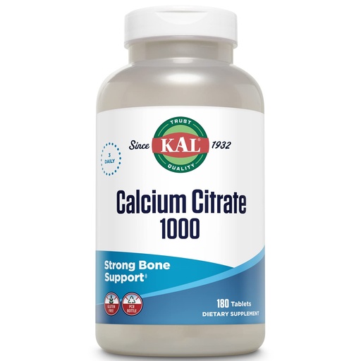 [BRSWIYQBBUAQKCA3] KAL Calcium Citrate 1000mg, Calcium Supplements for Women and Men, Bone Health, Teeth, Nervous, Muscular & Cardiovascular System Support, Gluten Free and Lab Verified, 60 Servings, 180 Tablets