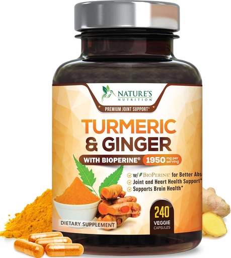[BRSWGCQPAQFAI2Y4] Turmeric Curcumin Supplement 1950mg - 95% Curcuminoids with Organic Turmeric & Ginger, BioPerine Black Pepper for Best Absorption, Nature's Vegan Joint Support, Non-GMO, Bottled in USA - 240 Capsules