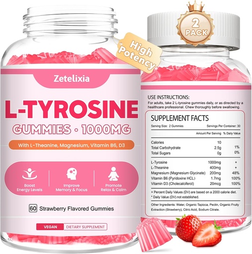 [BRSRAHAYPIORAFL3] 2 Pack L Tyrosine Gummies, L-türosiini täiendus Gummies, L-Theanine Gummies koos vitamiiniga B6 D3, Focus Gummies Support Mälu, energia, meeleolu täiskasvanutele ja lastele, maasikamaitse, 120 krahv