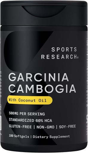 [BRSWIGYTCMBGICA3] Sports Research Garcinia Cambogia Extract (60% HCA) with Extra Virgin Organic Coconut Oil | Non-GMO, Soy & Gluten Free (180 Liquid Softgels)