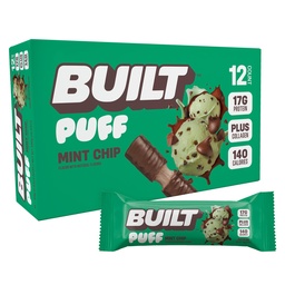 BUILT Bar Puff Protein Bars - Mint Chip - 17g Protein Snack Bars with Collagen - Calorie Conscious & Gluten Free - 12 Count
