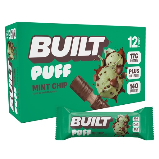 [BRSROZYYAAIA4DLF] BUILT Bar Puff Protein Bars - Mint Chip - 17g Protein Snack Bars with Collagen - Calorie Conscious & Gluten Free - 12 Count