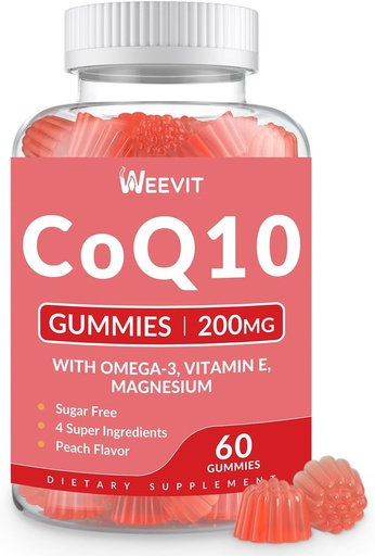 [BRSRAFIFA4CRAFLH] Zucchero CoQ10 Gummies 200mg, Coenzyme Q10 w/Omega-3, Vitamina E per Adulti, Co Q10 Supplemento per Antiossidante, Energia, Supporto cerebrale