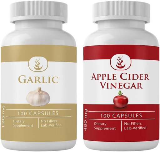 [BRSRO2YZCN4GKADZ] Garlic & Apple Cider Vinegar Capsule Bundle(每个100个Capsules),无添加剂或填充剂,实验室验证