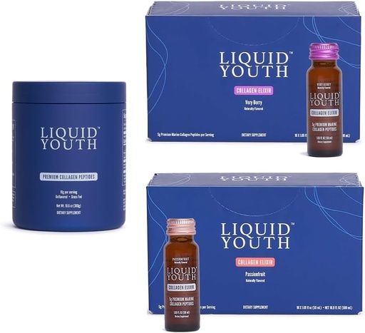 [BRSRAAIOA4AQMCL2] Collagen Peptides Powder & Liquid Collagen Elixir Shots for Women & Men - Type I & III Premium Grass-fed Bovine & Marine Collagen - Promotes Hair Growth, Skin, Nail, Bone & Joint Health (50 Servings)