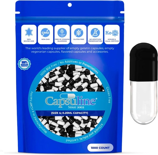 [BRSWIHIYCINAEGA5] Capsuline Size 4 Empty Gelatin Capsules, Black / Clear - 1000 Count | Gluten Free, Kosher, Non-GMO Certified | Pure Bovine Pill Caps för DIY Supplement Filling