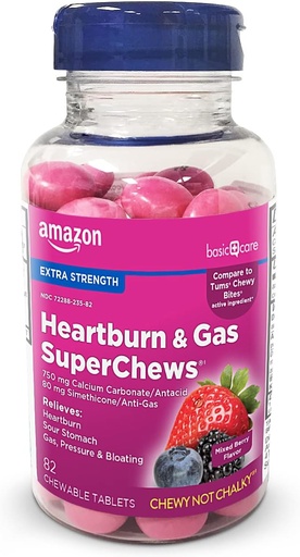[BRSW2ZYKBV4GYGTX] Basic Care Heartburn & Gas SuperChews Chewable Tablets, Mixed Berry, 82 Count (ранее SoundHealth)