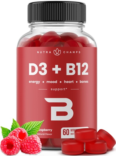 [BRSWYZ35AQMBU3LO] NutraChamps Vitamin D3 & B12, Methyl B12 Gummies for Adults & Kids, Enhanced with Vitamin D 3 & B9 Vitamin Folate, Natural Energy, Mood, Metabolism & Focus, Raspberry, 60 Gummies