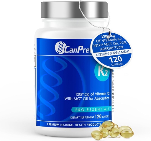 [BRSWGGQ2OABG2CTB] CanPrev K2 120mcg con olio di cocco organico, 120 Softgels 120-Day Supply - Assorbimento potenziato per il sostegno ottimale di ossa e denti, alta potenza vitamina K2 per mantenere le ossa forti e denti