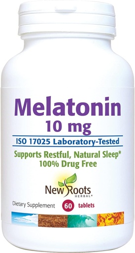 [BRSRMAILOABBUDI7] NEW ROOTS HERBAL Sleep Supplement | Pure Melatonin 10 mg (60 Tablets - 3 Months Supply), Non Habit Forming, Natural Sleep Aid, Non-GMO