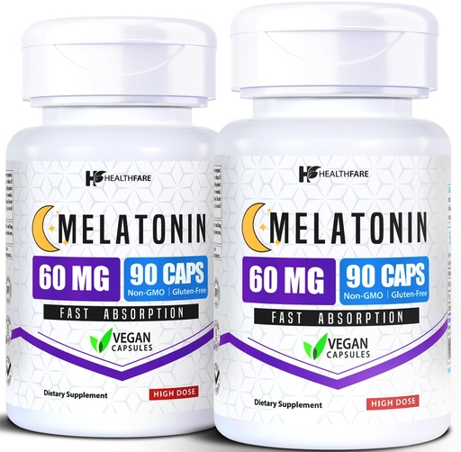 [BRSRAY3QOZ7WY2TB] HealthFare Melatonin 60mg | Pack of 2 | 90 Veg Capsules Each | High-Strength Formula | Vegetarian, Non-GMO, Gluten-Free | Made in the USA