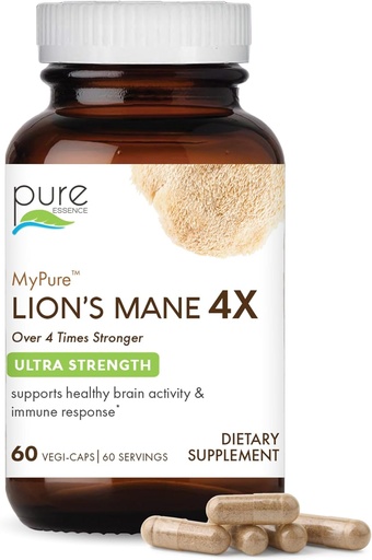 [BRSWGFACCQPWAHTU] PURE ESSENCE LABS MyPure Lion's Mane 4X - Ultra Strength Brain Support Supplement with 6:1 Hot Water Extract & 10:1 Extract for Cognitive Health, Focus, Memory & Mental Clarity, 60 Capsules