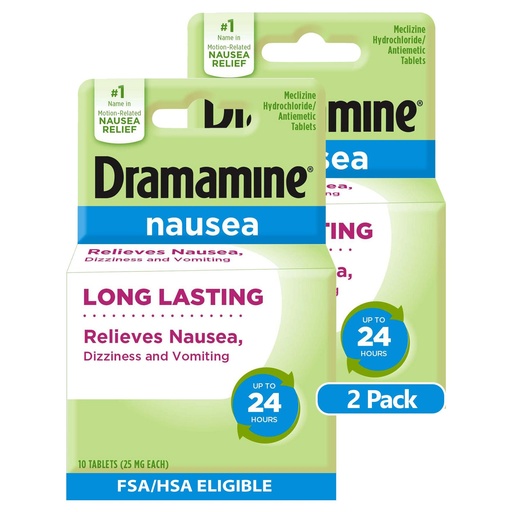[BRSWG235CEHB4EI6] Dramamine Nausea Relief Tablets, Long-Lasting Anti-Nausea Support with 25mg Meclizine HCI, 10 Count, Pack of 2