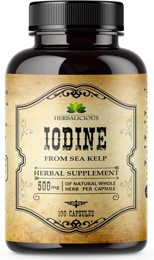 [BRSW2CTYDIBQA3A2] Tablas de yodo HERBALICIOUS – Iodine natural de Sea Kelp – Suplemento de apoyo a tiroides para la energía, la digestión, Cerebro &amp; Bone Health – No Gluten-Free – 100 cápsulas