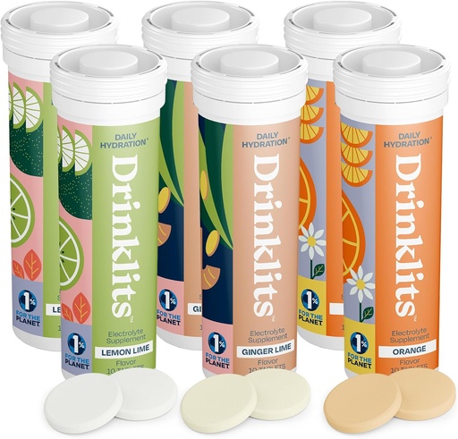 [BRSRAYIPBUPWOGT3] Drinklits Hydration Tablets Variety Pack (6) Tube Bundle | Ginger-Lime + Lemon-Lime + Orange | Delicious Natural Flavors – 0g Sugar – Electrolyte Sports Drink | 6 Pack (60 Servings)