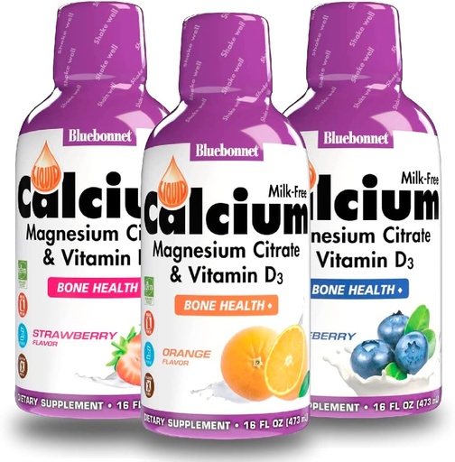 [BRSW2EIFBABGY3DA] Bluebonnet Liquid Calcium Citrate Magnesium Citrate, Vitamin D3- Bundle of Orange, Blueberry and Strawberry Flavor, 3 Bottle of 16 Fl Oz Each (48 Fl Oz Total)