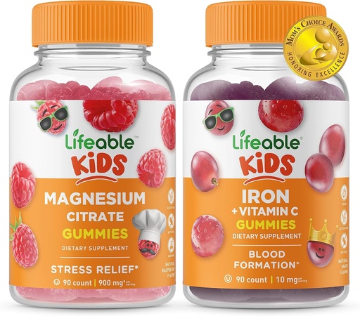 [BRSW2H33OQFQ4YLB] Lifeable Magnesium Kids + Iron & ויטמין C Kids, Gummies Bundle - Great Tasting, ויטמין תוסף, Gluten Free, GMO Free, Chewable Gummymy