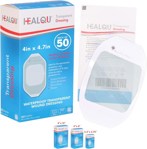 [BRSWYYYPBABWOGY2] Transparent Film Dressing 4" x 4.75" (50 Pack) – Waterproof Adhesive Wound Bandages for Post-Surgical Shower, IV Shield, Tattoo Aftercare, Clear Breathable Dressing Patches by HEALQU