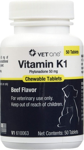 [BRSWI2Y5PIMGMD3C] Vet One Vitamin K1 Kautabletten - Vitamin K1 für Hunde, Beef-Flavored Kaubare Vitamine für Katzen und Hunde (50 Tabletten, Phytonadione 50mg)