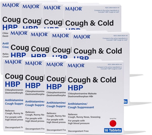 [BRSWKGI3OQOQGDDI] MAJOR Cough and Cold HBP Tablets - Antihistamine and Cough Suppressant for People with High Blood Pressure - Dextromethorphan HBr, Chlorpheniramine Maleate - 16 Count (12 Pack)