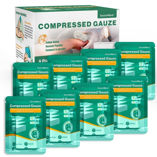 [BRSROCD6OJ7A4F3F] SuccorWare 8 Packs Sterile Compressed Gauze with Z-Folded - Wound Gauze for Bleed Stop, 4.5" x 4.1 Yards, 6-Ply - for First Aid Kit,Medical Trauma Kit, IFAK Supplies Refill